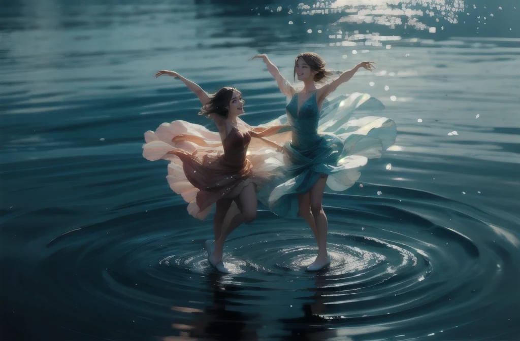 2women, pair skating, ocean, waves, flowing dresses, calm seas, dancing on the water