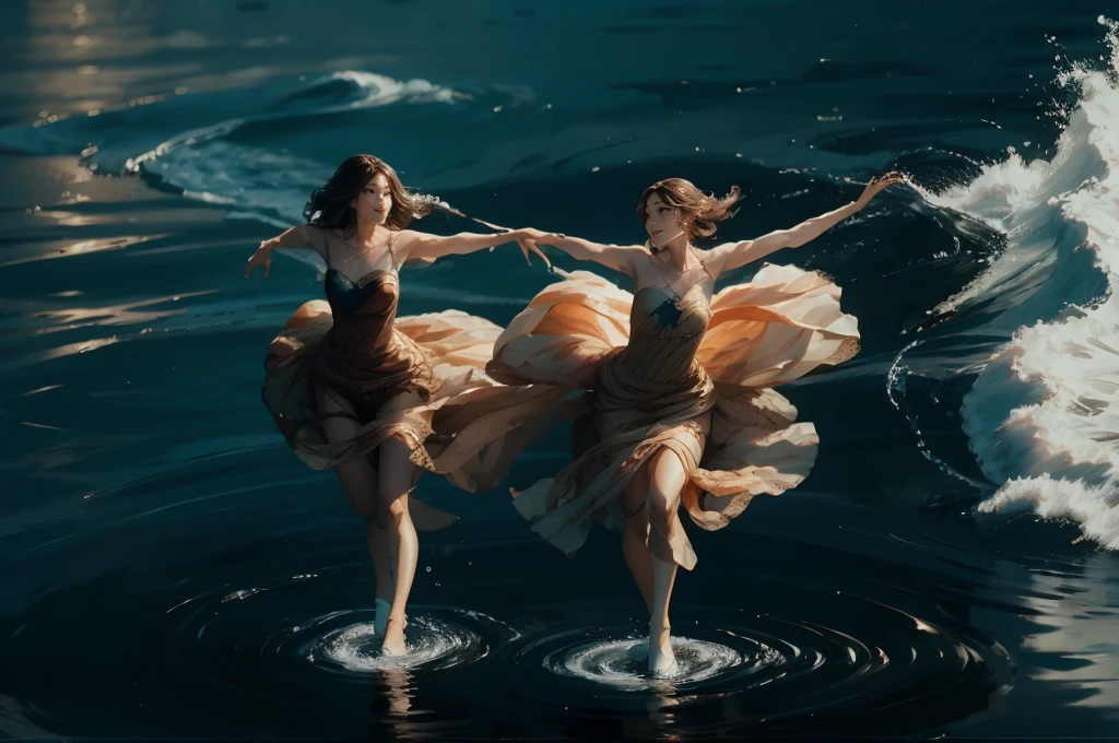 2women, pair skating, ocean, waves, flowing dresses, calm seas, dancing on the water