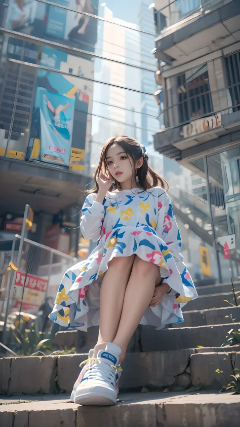 1 girl，wearing colorful clothes，(((bottom view))),sports shoes，shallow space，urban architectural background，sitting position，bes...