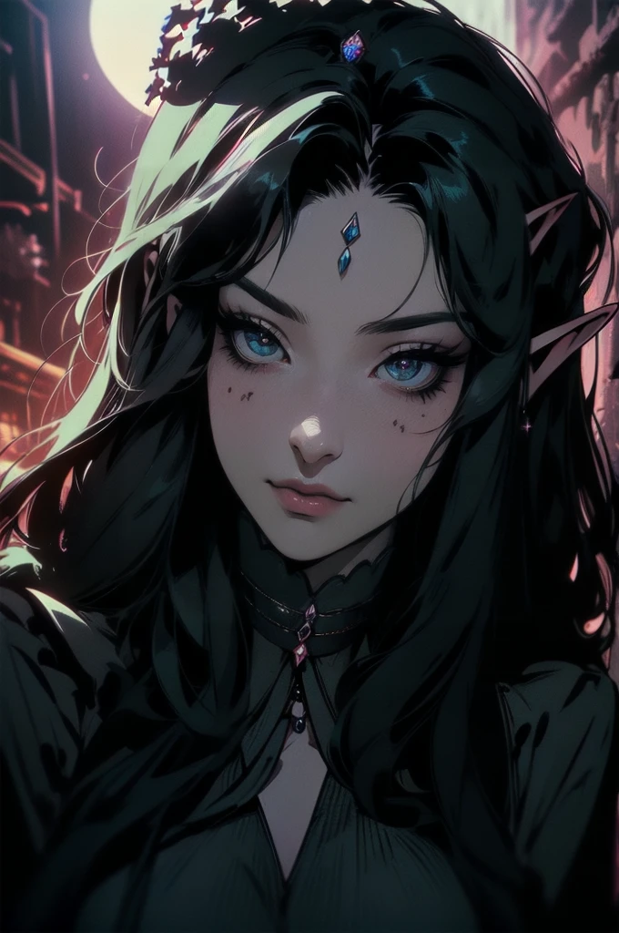 { - anatomy error}(Masterpiece - Ultra-detailed, very high resolution)moonlight, hyper-realistic of a mysterious woman with flowing black hair, ears of elf, piercing opal eyes, and a delicatelace crown, delicate smile, upper body, 