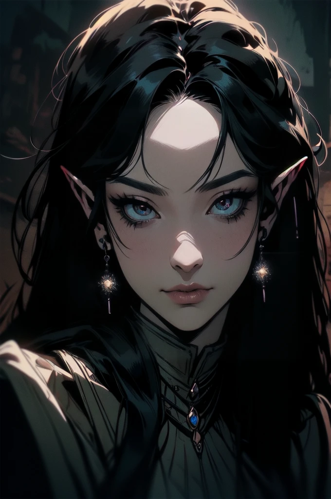 { - anatomy error}(Masterpiece - Ultra-detailed, very high resolution)moonlight, hyper-realistic of a mysterious woman with flowing black hair, ears of elf, piercing opal eyes, and a delicatelace crown, delicate smile, upper body, 