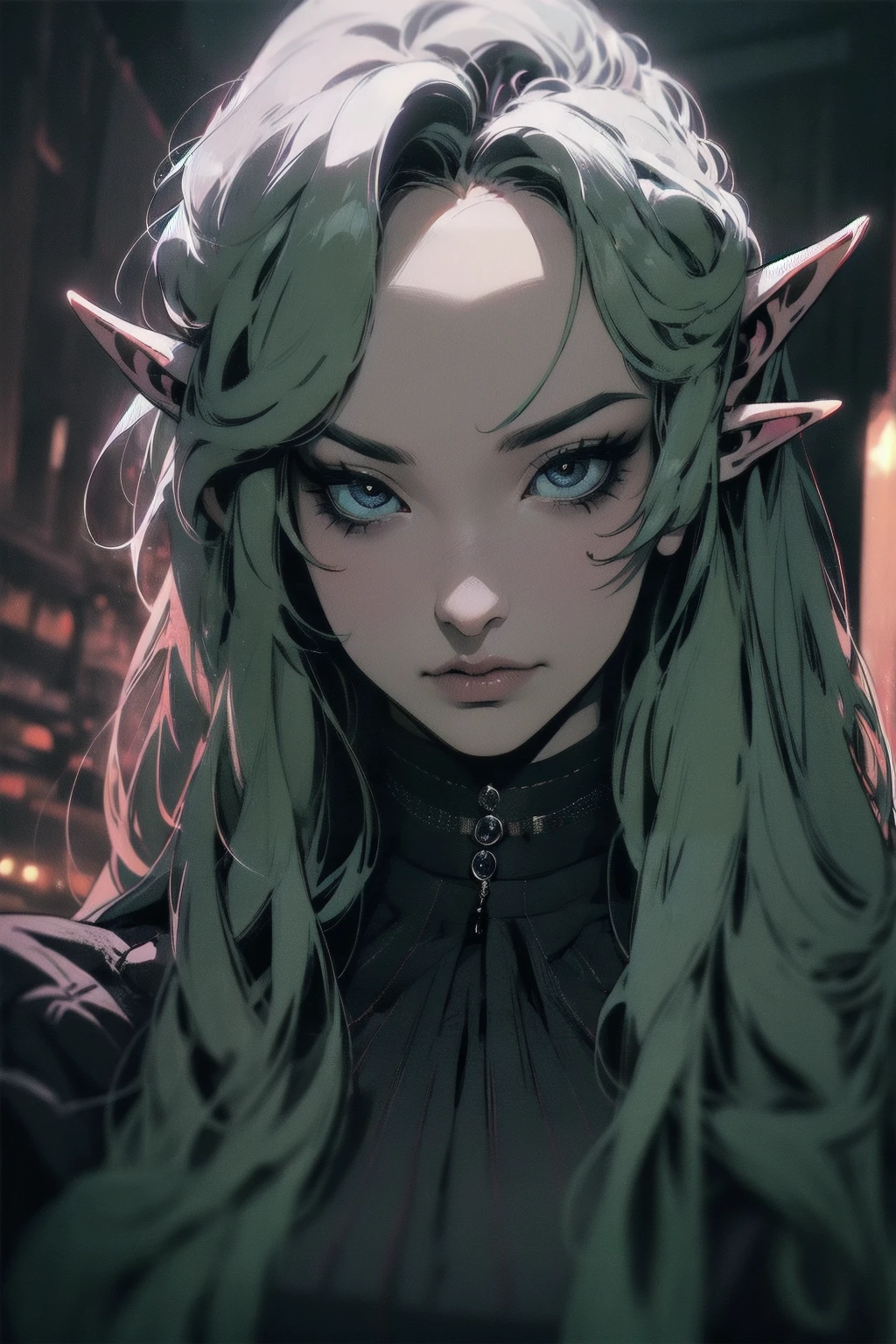 { - anatomy error}(Masterpiece - Ultra-detailed, very high resolution)moonlight, hyper-realistic of a mysterious woman with flowing black hair, ears of elf, piercing opal eyes, and a delicatelace crown, delicate smile, upper body, 