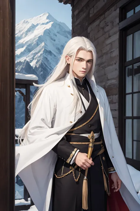 a young man, young man, 17 years, long white hair, caudate, black writing brush, tender look, white mantle, china, fantasy, snow...