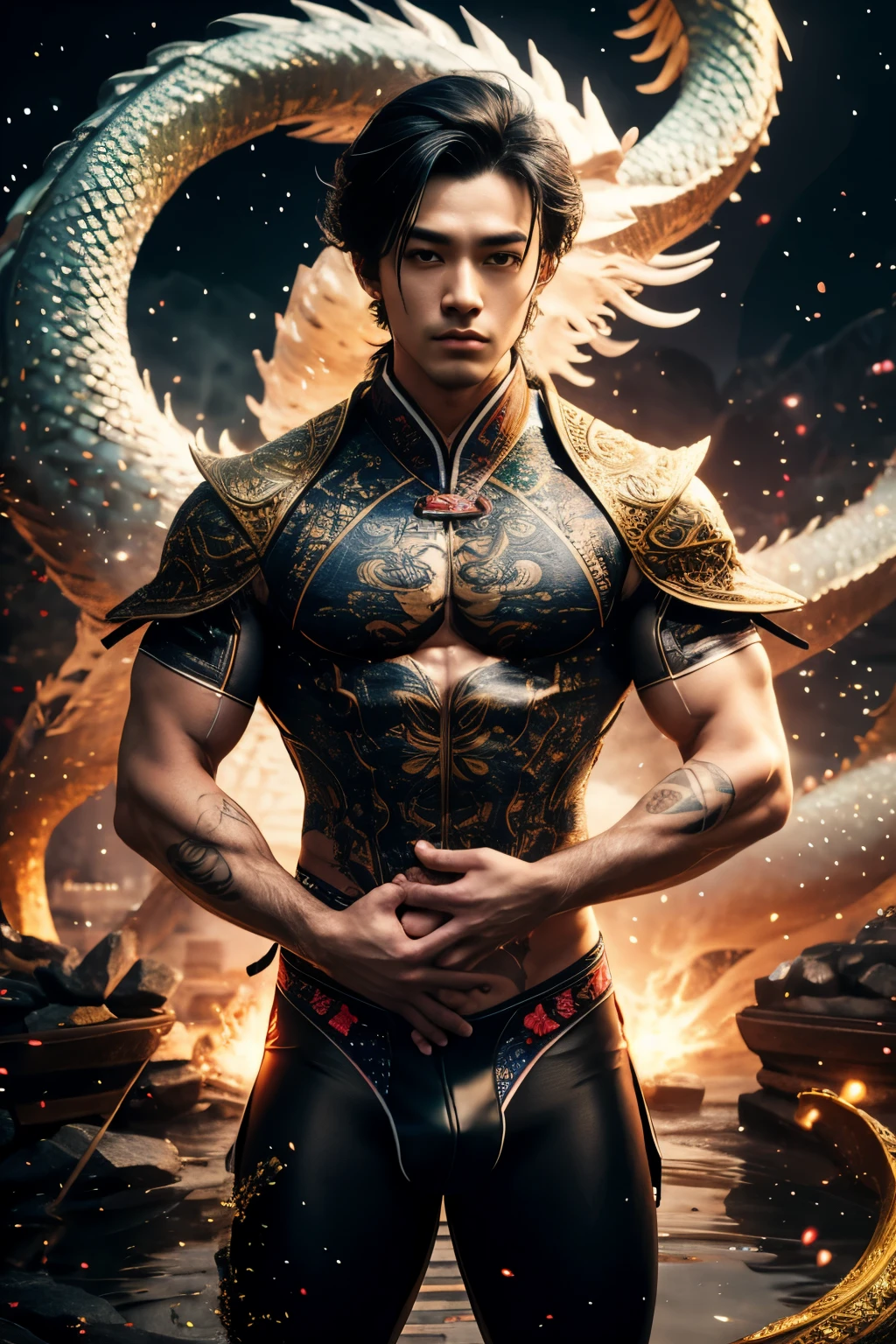 Handsome guy, 25 years old, Asian, master work, best picture quality, higher quality, high detail, super high resolution, 8k resolution, delicate facial features, boy, big muscles, tattoos, glowing eyes, short hair, hair details, [[Look away, look to the side, emphasize homosexuality and pay attention to every detail , open Hanfu transparent tulle jacket, white rubber pants, night, starry sky, flying flowers. Waterfalls, mountains, circling dragons, Chinese courtyard background (((((crotch bulge)))))