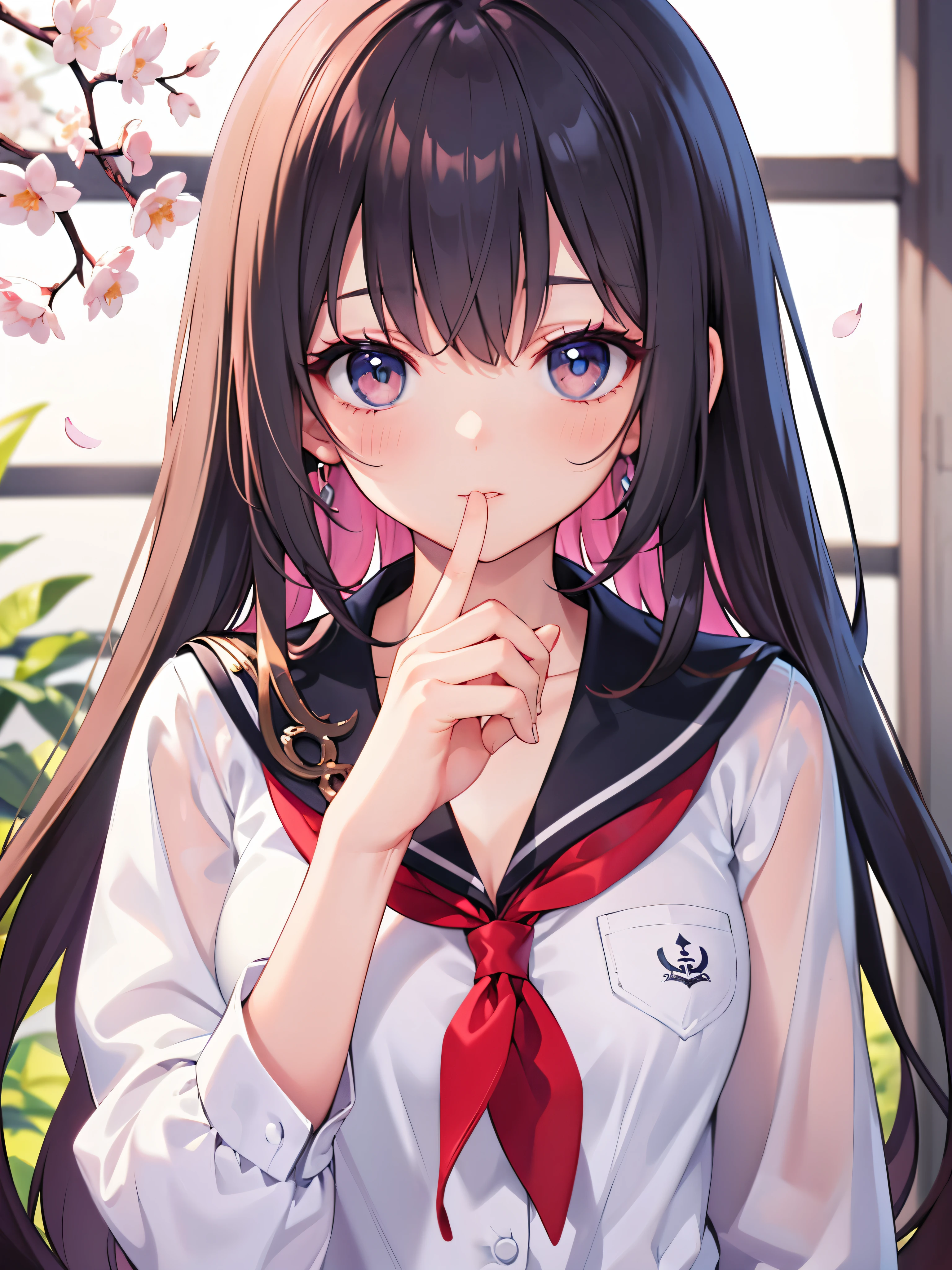 On a warm spring day, a number of cherry blossoms look down from the windows of the school building.
A black sailor suit and brown hair, beautiful long hair. shiny body:1.3,oily body:1.3,cowboy shot,((beautiful artwork)),
High resolution, highest quality, super fine illustration, cinematic light, super detailed, anime highly detailed, beautiful alluring anime woman, (4k digitalart), (detailed face), (detailed eyes:1.2), high contrast,(delicate facial features), (hair dripping:1.2), (detailed hands and fingers:1.2),medium shot