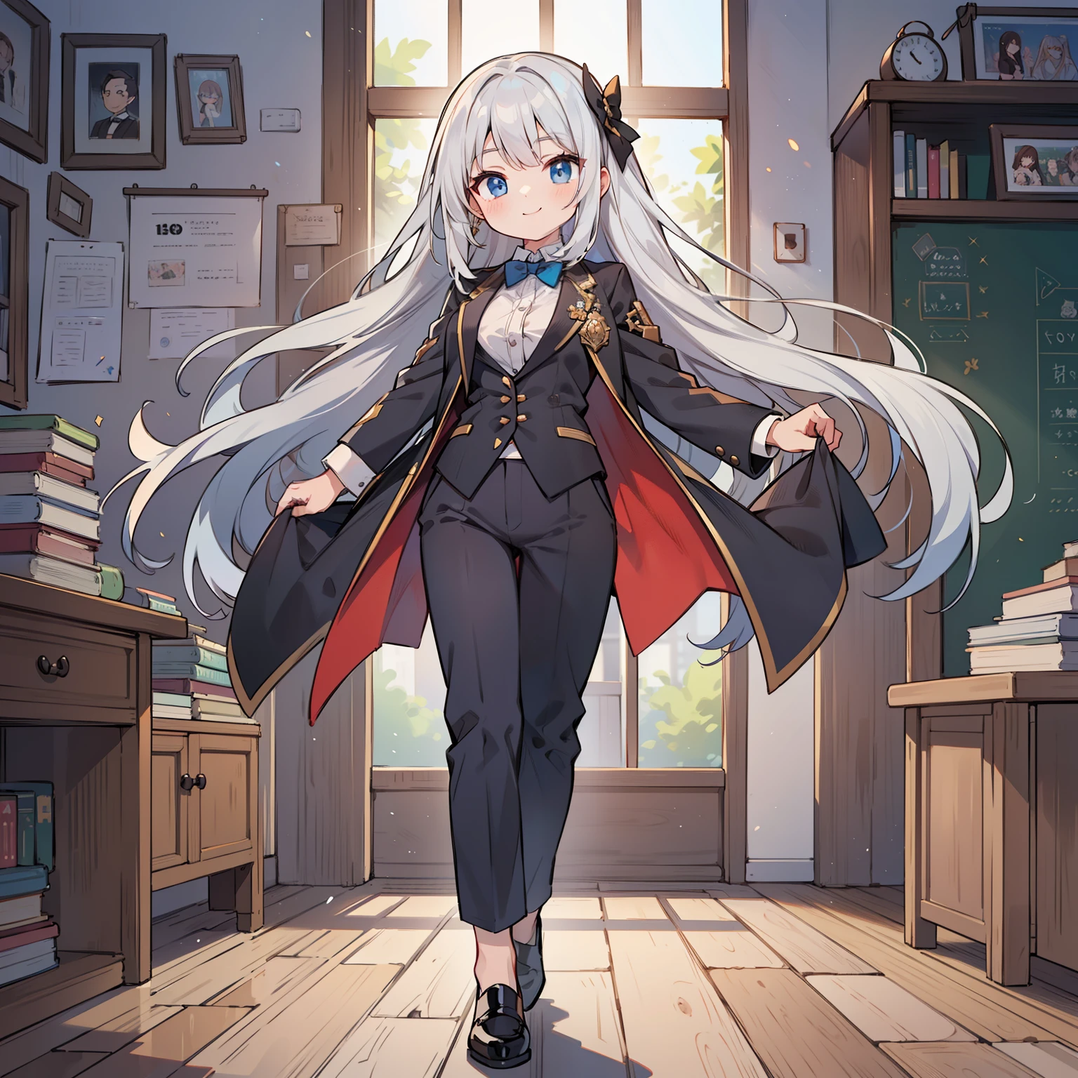 (long silver hair girl),((teach a class)),(Pants style with tuxedo),blue eyes,open your mouth, dull smile, Full body Esbian,(((a bit))),(alone),(best image quality, In 8K, masterpiece, Super detailed),