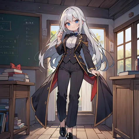 (long silver hair girl),((teach a class)),(Pants style with tuxedo),blue eyes,open your mouth, dull smile, Full body Esbian,(((a...