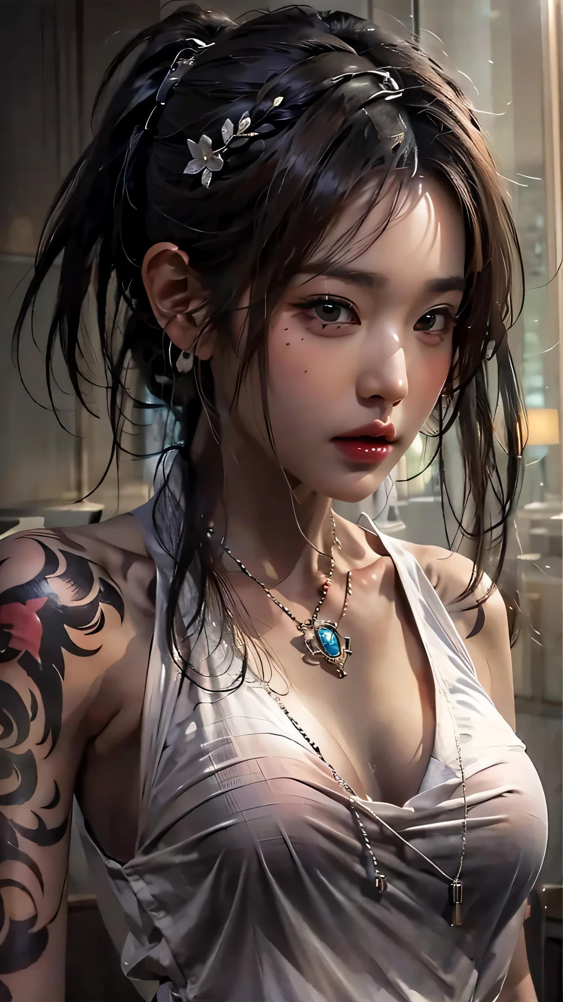 photorealistic, high resolution, soft light,1women, solo, hips up, (detailed face), jewelry, tattoo,black mafia clothing, ponytail hairstyle, black hair, super long hair, looking viewers, tatto, messy hair, close up, small breast, adult, mafia boss girl