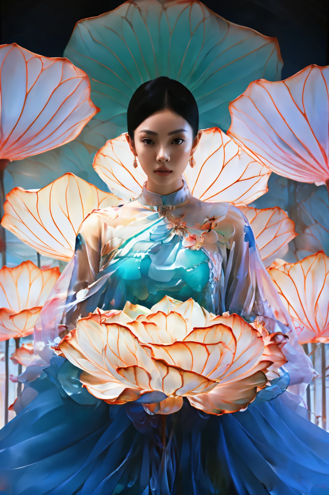 an image of a beautiful woman covered in flowers, in the style of vray tracing, snow scenes, fluid, glass-like sculptures, macro zoom, contemporary chinese art, realistic, emotive portraits, water drops
 