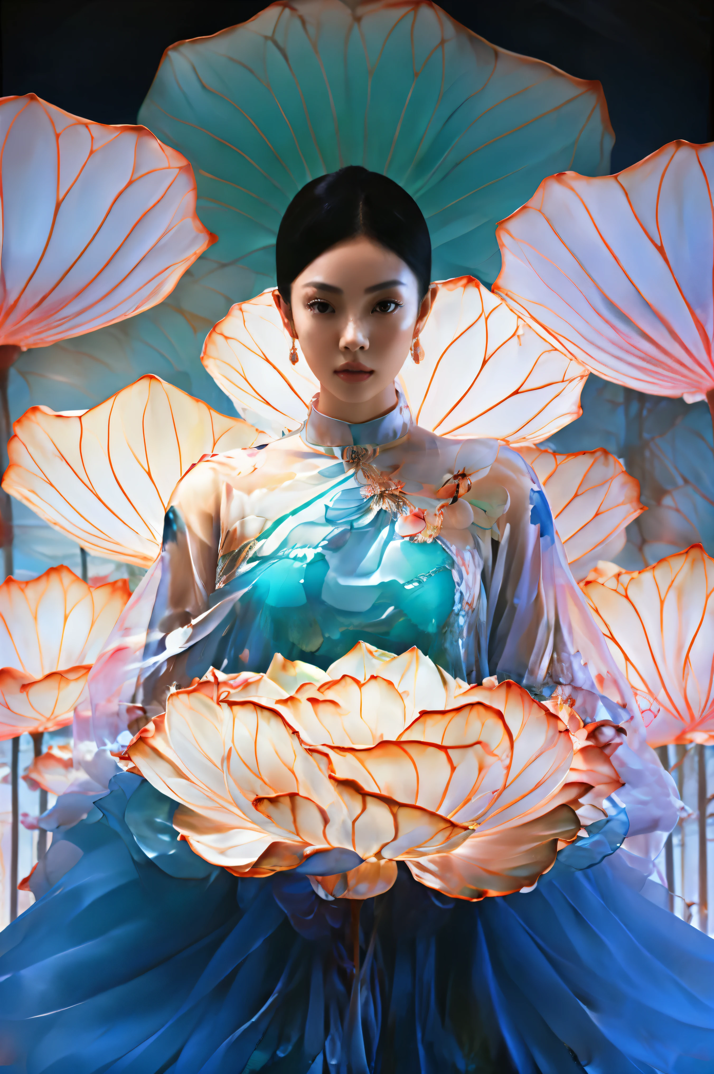 uma imagem de uma mulher bonita coberta de flores, no estilo de rastreamento vray, cenas de neve, fluido, esculturas semelhantes a vidro, Zoom macro, arte contemporânea chinesa, realista, Retratos Emotivos, gotas de água
 