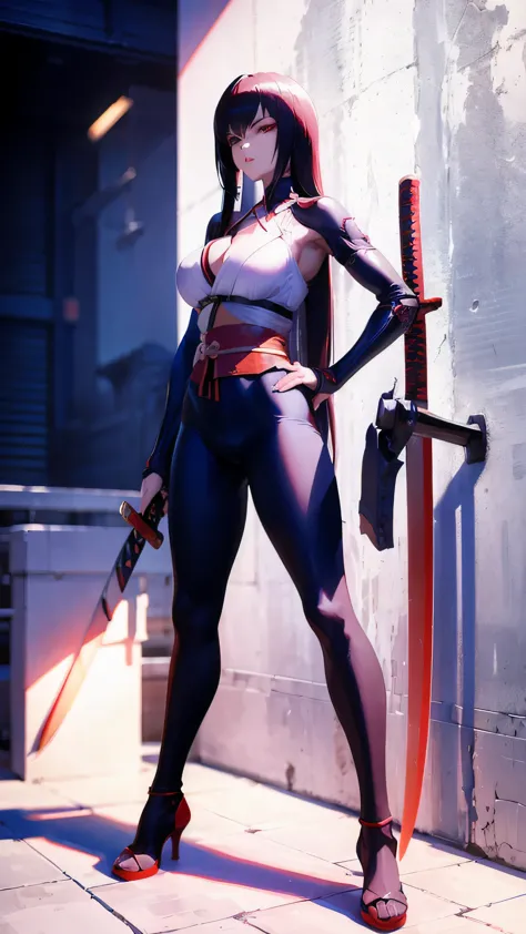 a woman kneeling down with a sword in her hand,very beautiful cyberpunk samurai,she is holding a katana sword,unsheathing her ka...