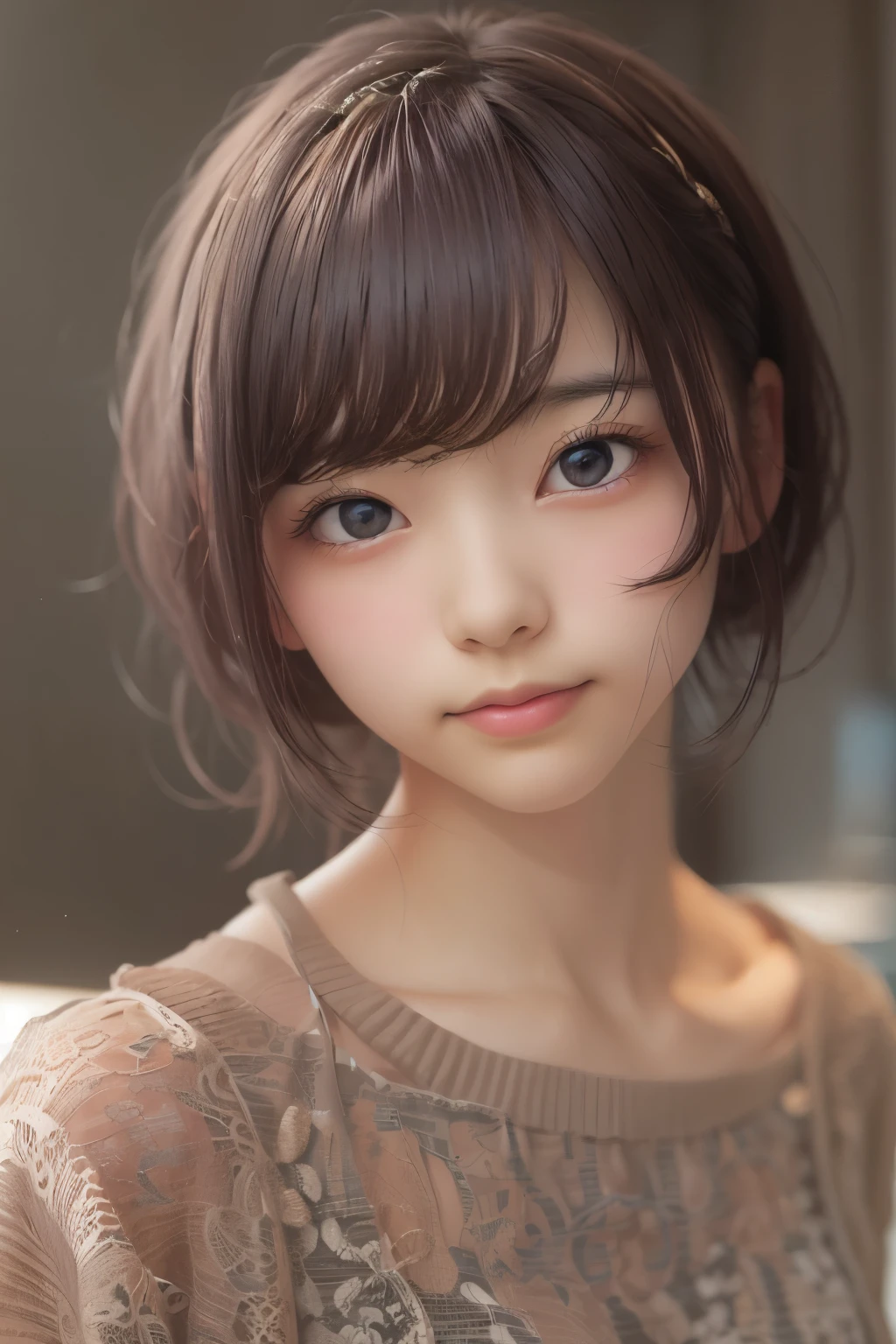 ((sfw: 1.4)), ((sfw, extra short hair, sidelocks-hair, 1 Girl)), (Japanese)), (Blouse), (((Front, Young Face))), (Depth of Field), Ultra High Resolution, (Realistic: 1.4), RAW Photo, Upper Body