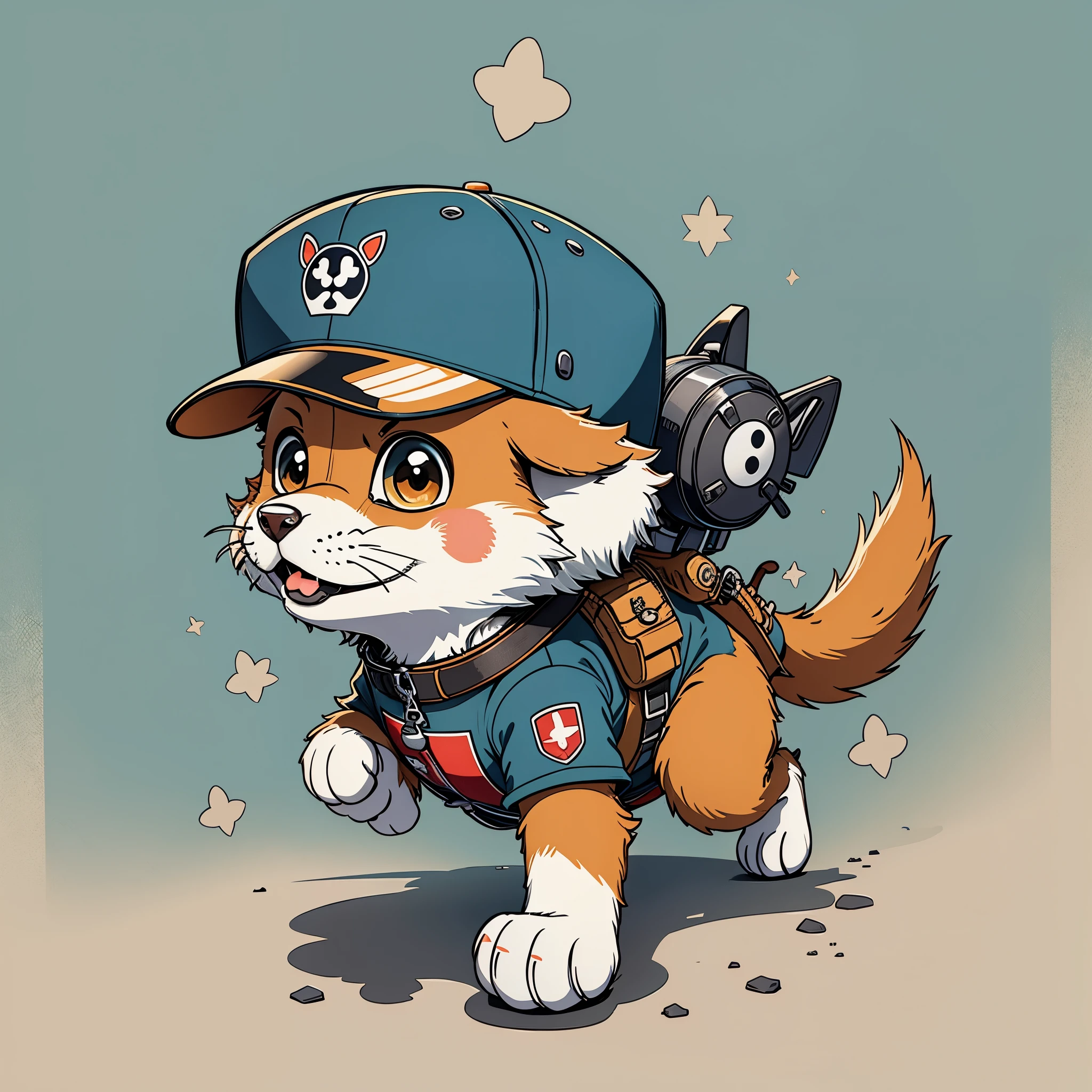 cão patrulha：Archie（perseguir）ilustrações de anime；tem，logo，Roupas de trabalho；Equipe de resgate da Patrulha Canina(pata)，patrulha aérea；Estilo de ilustração plana，estilo anime plano, Minimalismo de desenho animado, arte vetorial plana, ilustração plana, desenho animado fofo。simetria；vista frontal。