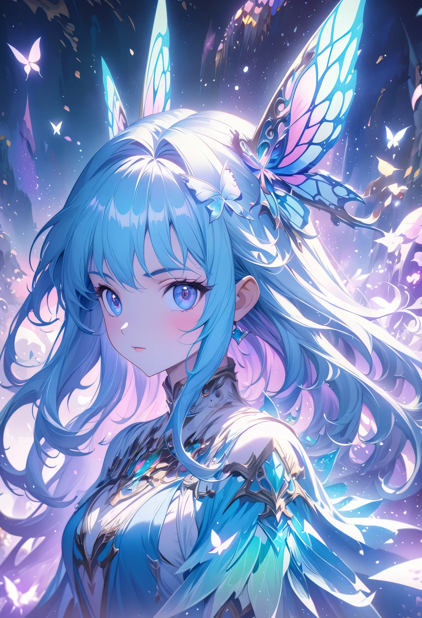 anime girl with butterfly headpiece and blue dress, fantasy art style, ((a beautiful fantasy empress)), 8k high quality detailed art, beautiful anime portrait, beautiful fantasy anime, beautiful anime style, anime fantasy illustration, aesthetic cute with flutter, detailed digital anime art, beautiful anime art style, astral fairy, artwork in the style of guweiz
