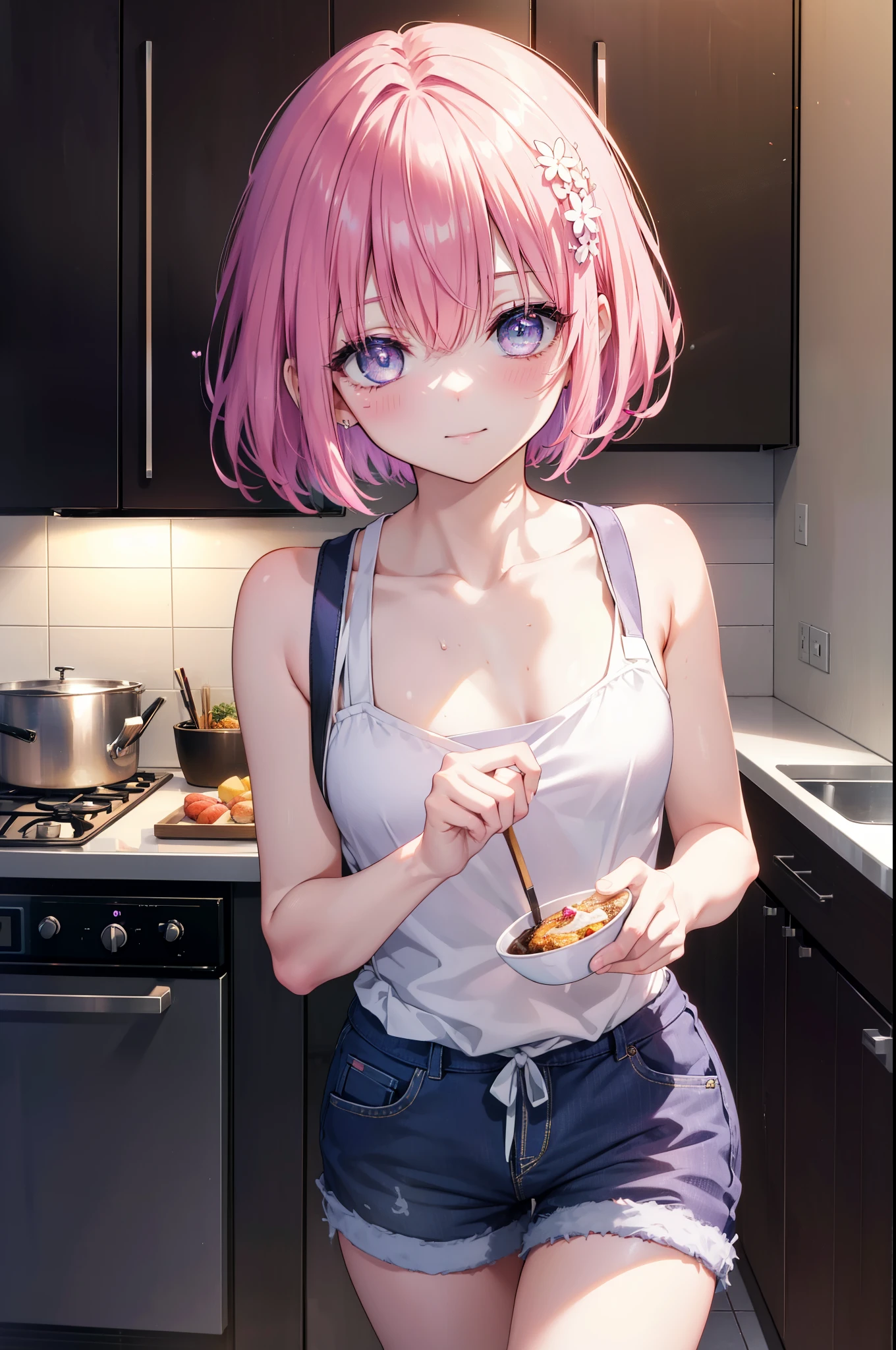 Momodeviluke, Deviluke type, demon tail, hair flower, hair ornaments, (purple eyes:1.1),smile,blush,happy atmosphere,open your mouth, pink hair, short hair, tail, smile,Tank top,naked neck,shorts,apron,barefoot,cook in the kitchen、フライパンでパスタを調理する
break indoors, kitchen,
break looking at viewer, (cowboy shot:1.5),
break (masterpiece:1.2), highest quality, High resolution, unity 8k wallpaper, (figure:0.8), (beautiful detailed eyes:1.6), extremely detailed face, perfect lighting, extremely detailed CG, (perfect hands, perfect anatomy),