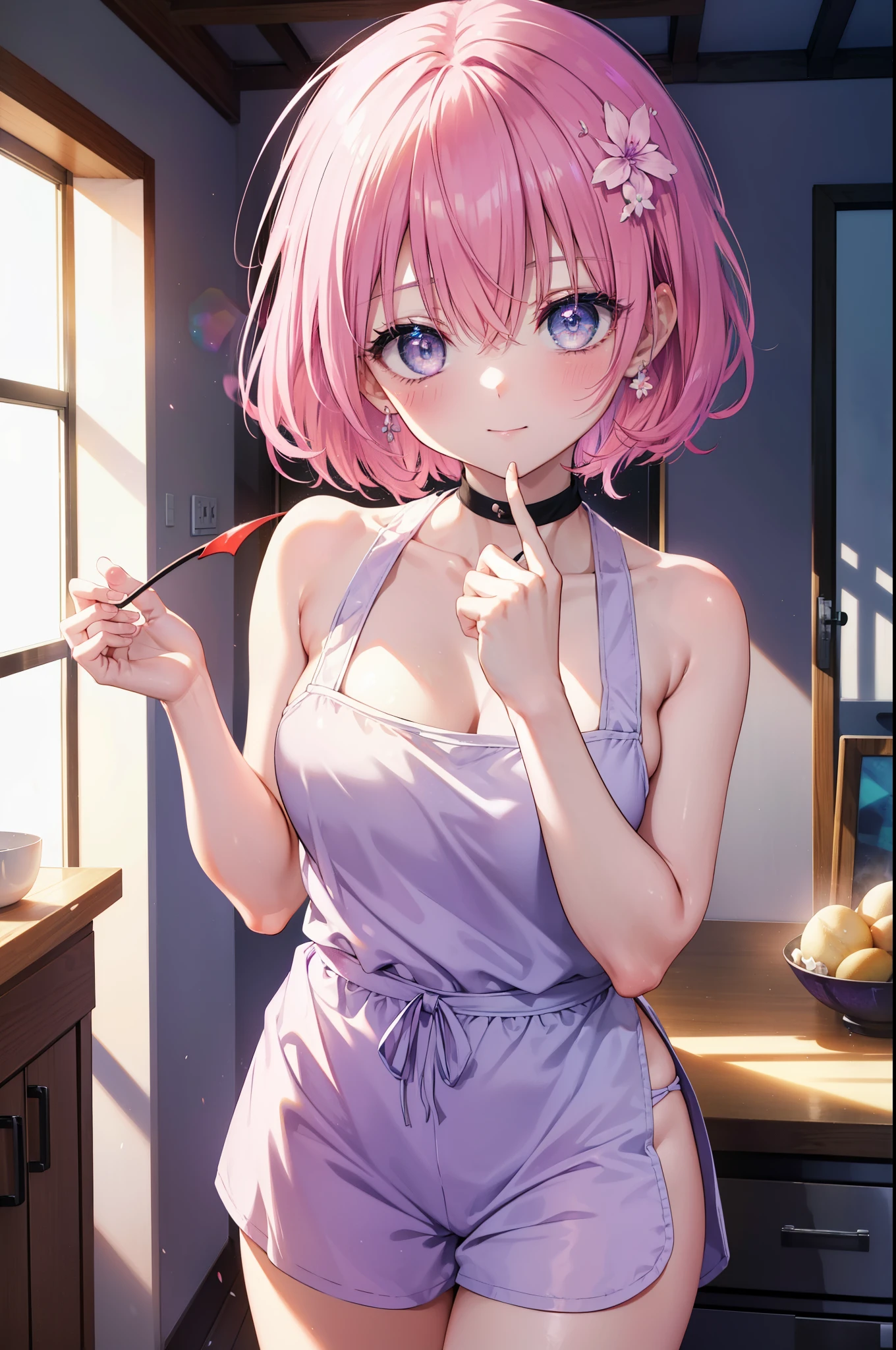 Momodeviluke, Deviluke type, demon tail, hair flower, hair ornaments, (purple eyes:1.1),smile,blush,happy atmosphere,open your mouth, pink hair, short hair, tail, smile,tank top shirt,naked neck,shorts,apron,barefoot,cook in the kitchen、フライパンでパスタを調理する
break indoors, kitchen,
break looking at viewer, (cowboy shot:1.5),
break (masterpiece:1.2), highest quality, High resolution, unity 8k wallpaper, (figure:0.8), (beautiful detailed eyes:1.6), extremely detailed face, perfect lighting, extremely detailed CG, (perfect hands, perfect anatomy),