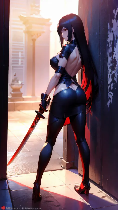 a woman kneeling down with a sword in her hand,very beautiful cyberpunk samurai,she is holding a katana sword,unsheathing her ka...