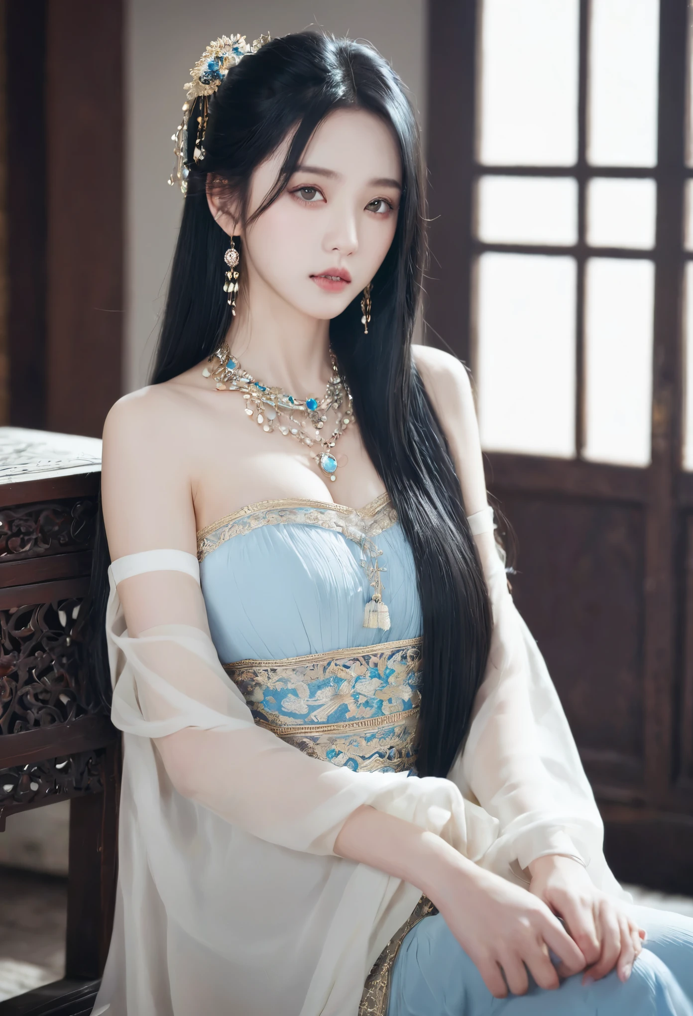 black hair, 1 girl, pretty face, beautiful eyes,long_hair, alone, jewelry, Art, Chinese, rest, 