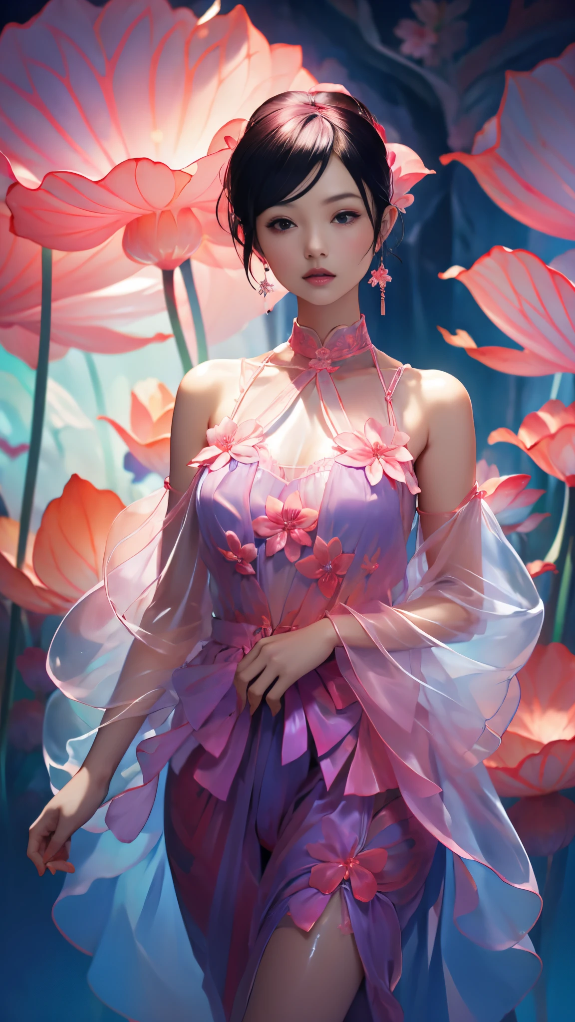 uma imagem de uma linda mulher coberta de flores, Estilo de rastreamento Vray., cenas de neve, fluido, esculturas de vidro, ampliar macro, Arte Chinesa Contemporânea, realista, retratos emocionais, gotas de água, (mostrando calcinha lingerie:1.4), (cores brilhantes), (rosa flores e violeta :1.4), (flores silvestres azuis :1.4) 
 