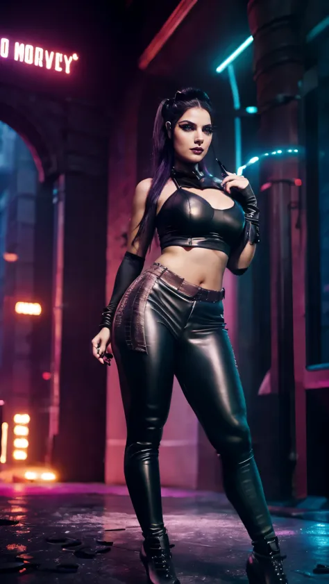 A woman 23yo,green eyes,(full body:1.5), Cyberpunk (Harley Quinn costume:1.1), Evil attitude, cold stare, (neon Gotham City):1.5...