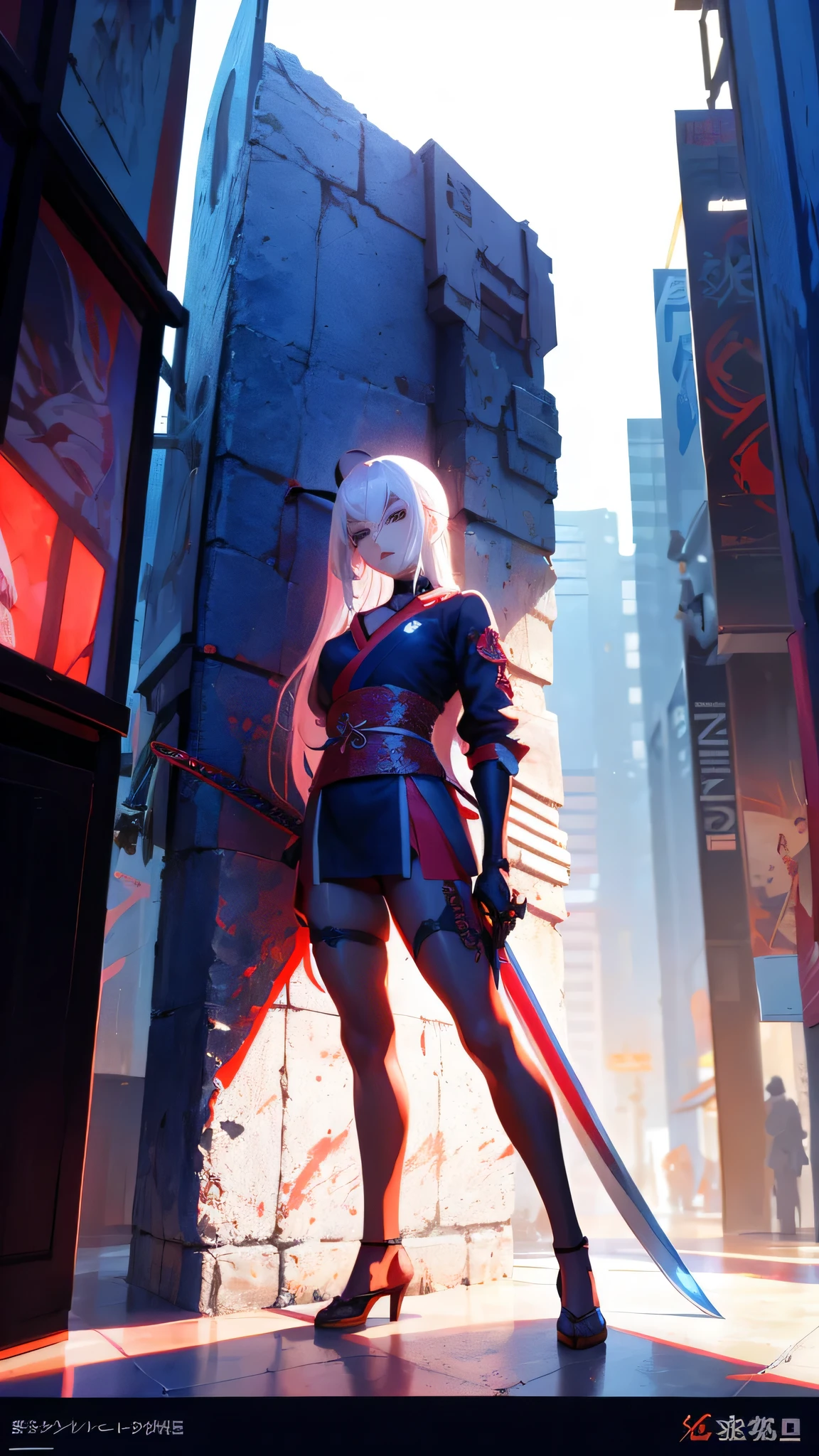 a woman kneeling down with a sword in her hand,very beautiful cyberpunk samurai,she is holding a katana sword,unsheathing her katana,she is holding a sword,ornate korean polearm behind her, realistic anime 3D style, cgsociety 9,2.5D cgi anime fantasy artwork, 3 d anime realistic.pose beautiful.redAssassin.Standing and sitting with his hands on his knees, Carry the sword on your shoulder.(Stand with your arms crossed over your chest, your back against the wall).hair white.
