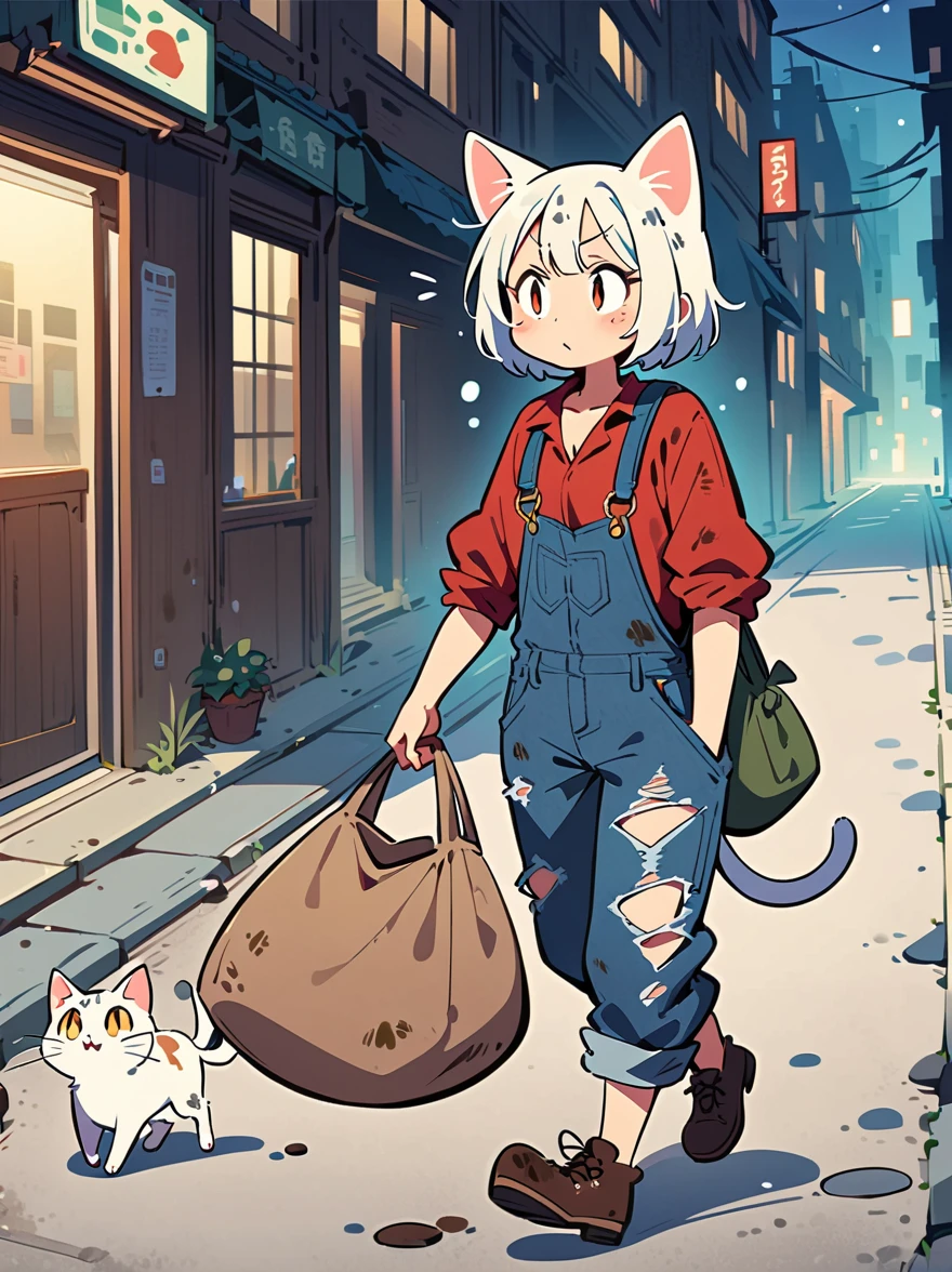 cartoon illustration，simple，late night，snow，stray cat，solo，Dirty，Close eyes，cry，Listless，Malaise，decadent，Loose ripped denim ripped overalls overalls，red linen shirt，Tattered leather shoes，Carrying a big bag，Hiding on a dark street corner，Lots of broken trash around，Dirty environment，correct human anatomy