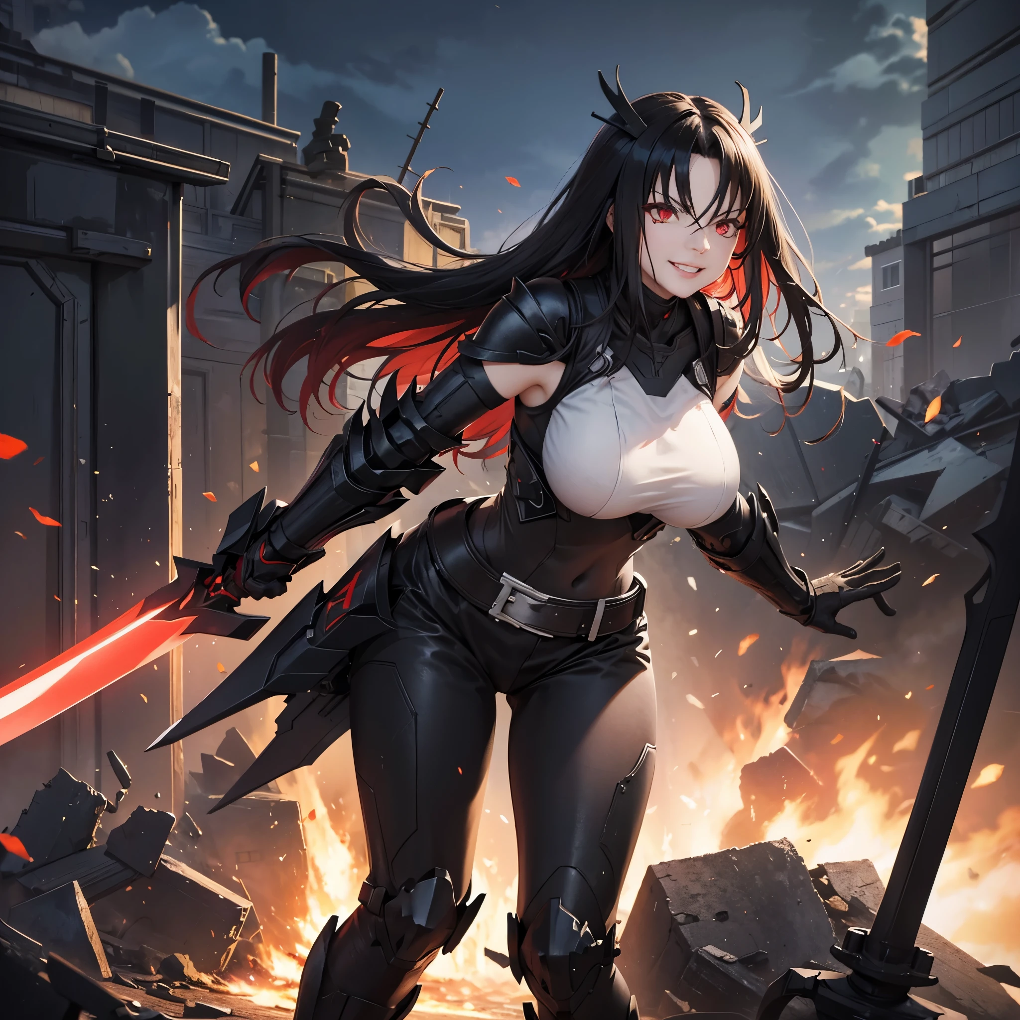 Una mujer con armadura negra, pechos grandes, sonrisa sádica, ojos rojos, pelo negro, sosteniendo una espada, en un lugar arruinado,4k, perfecto, Ultraresolución.
