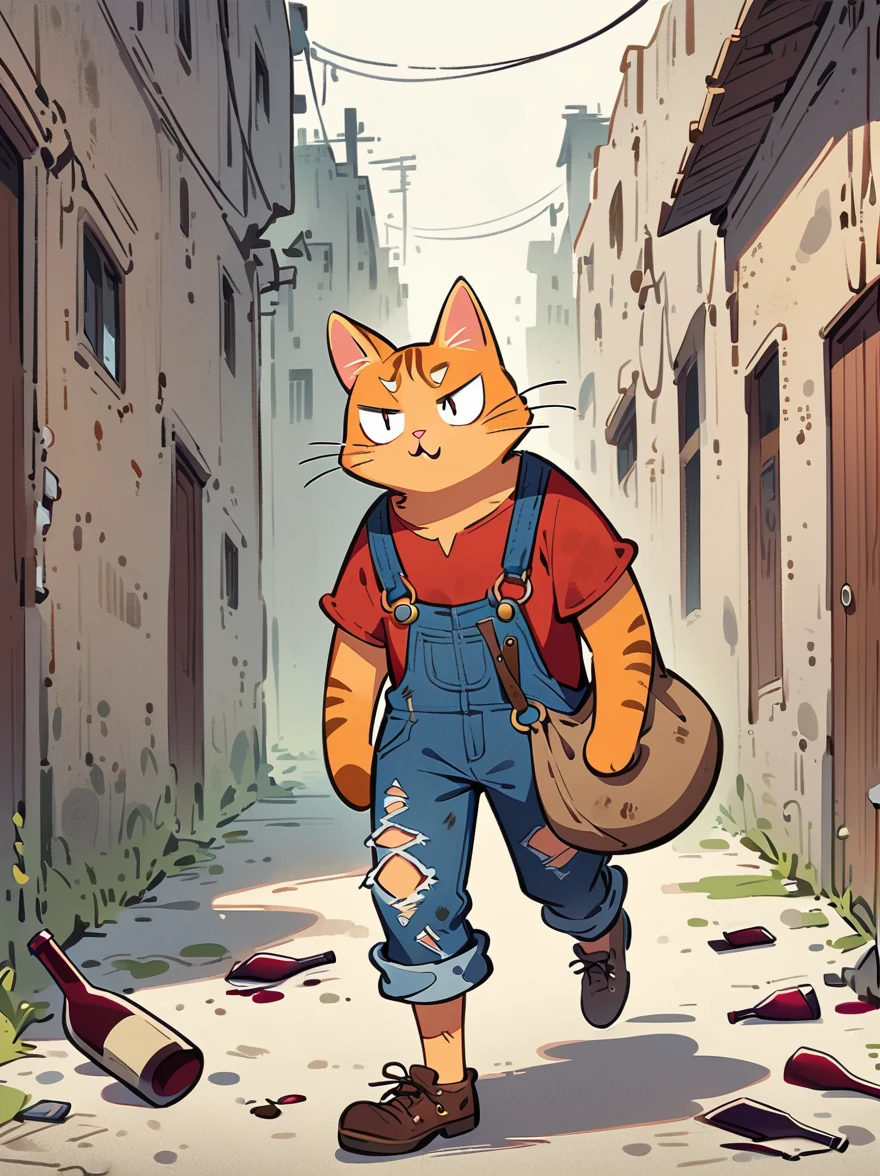 cartoon illustration，simple，late night，snow，stray cat，solo，Dirty，Close eyes，cry，Listless，Malaise，decadent，Loose ripped denim ripped overalls overalls，red linen shirt，Tattered leather shoes，Carrying a big bag，Hiding on a dark street corner，Lots of broken trash around，Dirty environment，correct human anatomy