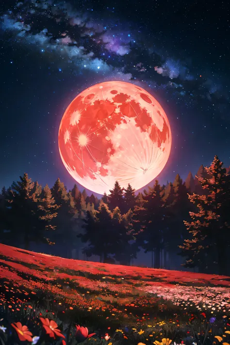 A photorealistic image of a giant, full red moon hanging low in a dark, starry night sky. The sky is ablaze with countless stars...