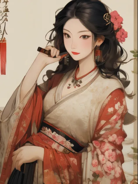 masterpiece, 1 girl, nail_polishing, jewelry, necklace, Black_hair, closure_Eye, alone, skirt,Black_hair, Art, Chinese, flowers
