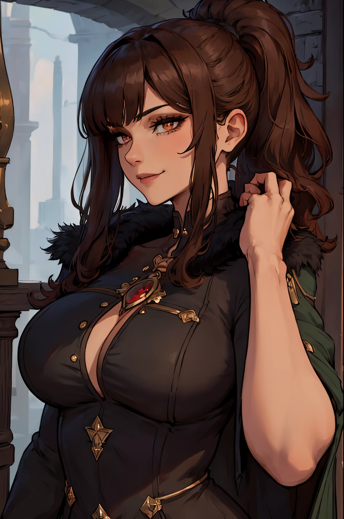 ((masterpiece)), ((best quality)), 1girl, adult, long hair, big bust, ((brown hair)), ((intimidant look)), ((close-up)), profile image, black and red clothes, sexy, dark colors, ((coat with fur)), ((wavy hair)), exposed skin, ((sexy pose)), good anatomy, ((dark sage clothes)), ((straight cut bangs)), emotionless, intimidant, ((beautiful eyes)), dark background, close up, ((detailed eyes)), ((detailed face)), hair bang, frontal look, relaxed, smile, queen, ponytail, violet eyes