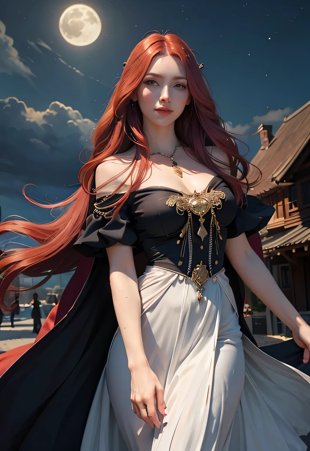 portrait shot, ((vivid red hair)), mature woman, 30 years old, diamond face, medium breast, moonlight, red starry sky background, depth of field, magic, big red lips, ((dark black eyes)) (Detailed beautiful eyes) red long and full dress, covered chest, mystical atmosphere, ominous shadows, Intense blue aura, Intense red aura (best quality:1.2), absurdres, intricate details, (highly detailed skin:1.2), smile expression, posing, taut and well defined body, attractive. Highly realistic, pale skin, beautiful, hyperrealism, skin very elaborated, direct gaze AB JLEE3, Complex facial details for all characters, Expressive eyes and nose and mouth, unzoom, author：Jim Lee Right Section Centered, Key, Visual, Complex, Highly Detailed, Breathtaking, Precise Line Art, Vibrant Panorama Film
