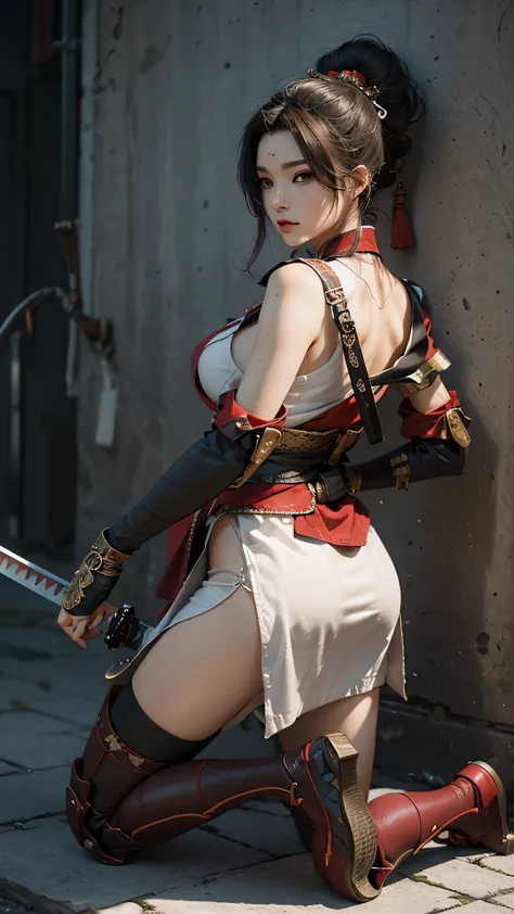 a woman kneeling down with a sword in her hand,very beautiful cyberpunk samurai,she is holding a katana sword,unsheathing her ka...