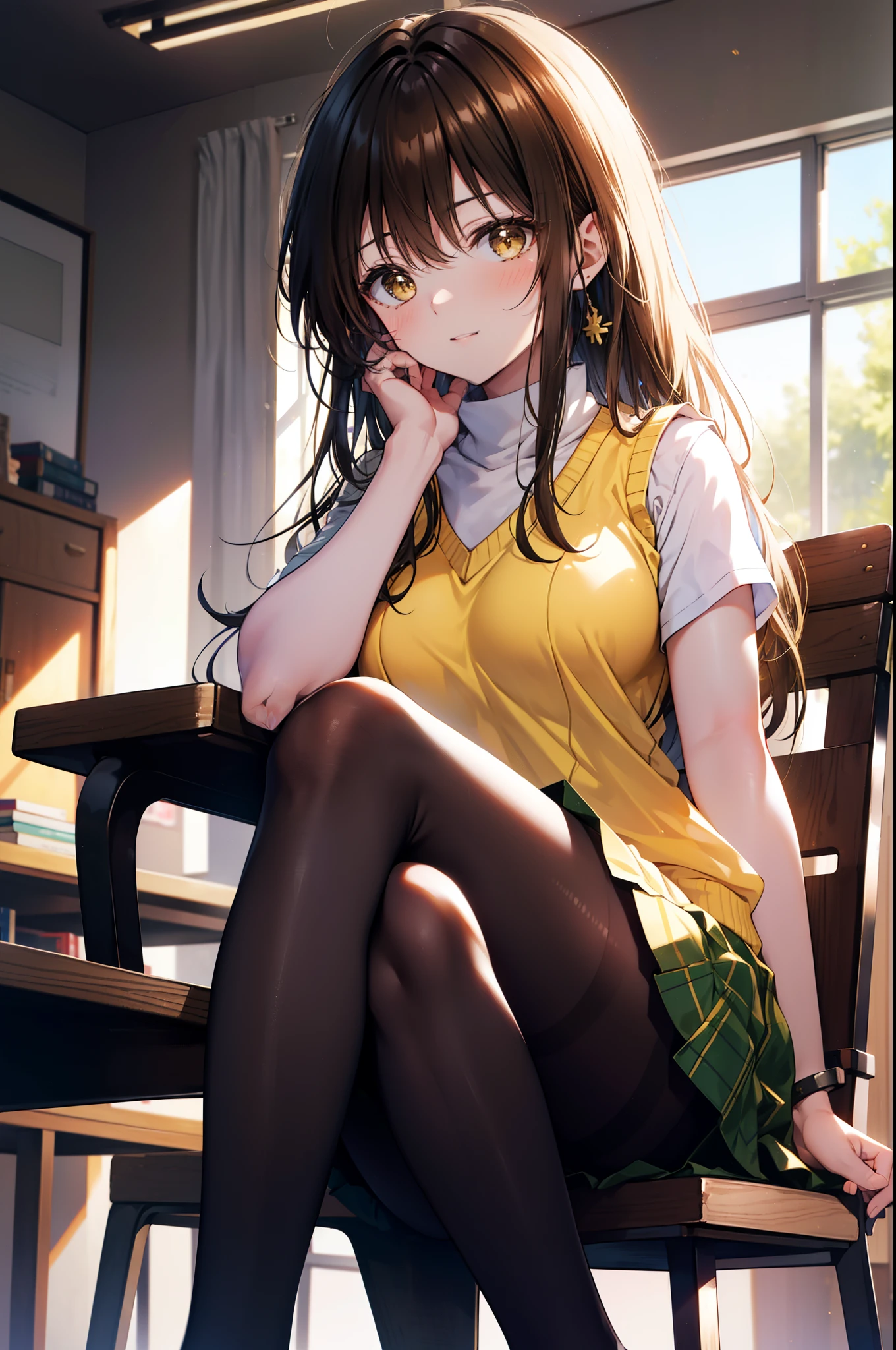 kotegawayui, yui kotegawa, black hair, (brown eyes:1.5), long hair,smile,blush,open your mouth,
break green skirt, plaid, plaid skirt, Sainan High , , skirt, sweater vest, (yellow sweater:1.3), short sleeve,black pantyhose,brown loafers,sit cross-legged on a chair,There is a textbook on the desk,
break looking at viewer,
break indoors, classroom,
break (masterpiece:1.2), highest quality, High resolution, unity 8k wallpaper, (figure:0.8), (detailed and beautiful eyes:1.6), highly detailed face, perfect lighting, Very detailed CG, (perfect hands, perfect anatomy),