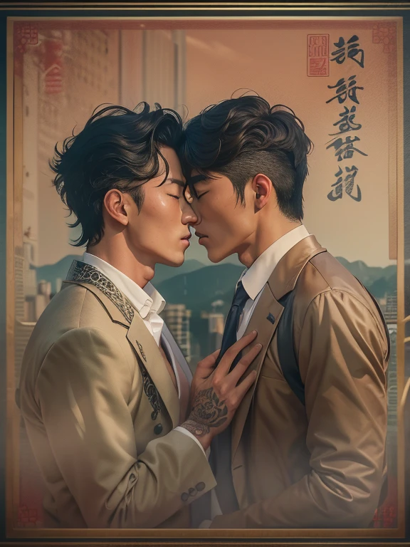 Masterpiece, Best Quality, two men, handsome tanned 25 year old Korean Man dressed like a smart mafia gangster with tattoos, rugged 25 year old very fair taiwanese man dressed like a poor roadside hawker, hugging each other, kissing while directly looking at each other lovingly, delicate stylish hair, exposed chest, holding hands, breast grab, sharp focus, photorealistic, perfect hands, perfect fingers, perfect faces, full body in frame, zoom out, perfection, creative artistic framing, cinematic movie poster style, hongkong in the 70s setting, soft lighting, romantic atmosphere,