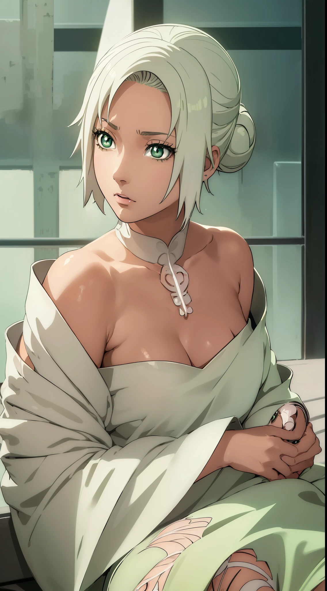 Mabui, Mabui, short detailed hair, (green-eyed:1.5), White hair, Dark skin, hair-bun, Dark-skinned women,Resting in off-shoulder outfit (tmasterpiece:1.2), Best quality at best, A high resolution, Unity8k wallpapers, (illustratio:0.8), (Beautiful and delicate eyes:1.6),