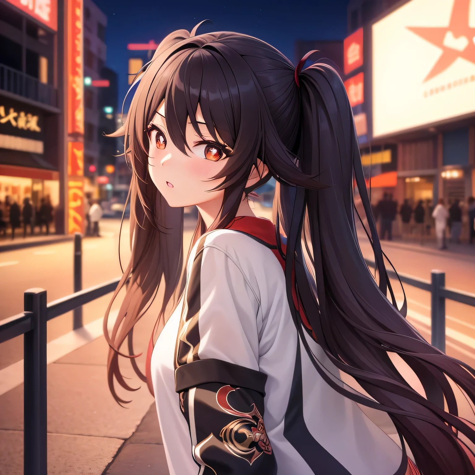 masterpiece, best quality, HuTaoV4, 1girl, solo, blush, twintails, long hair, hair between eyes, ((streetwear clothes)), city, outdoors, night, movie poster, extremely detailed 8K, smooth, high resolution, ultra quality, cinematic lighting, ambient occlusion, hd, 2k, 4k, 8k, 16k, extremely detailed anime, detailed faces, perfect composition, wide shot, atmospheric lighting, 