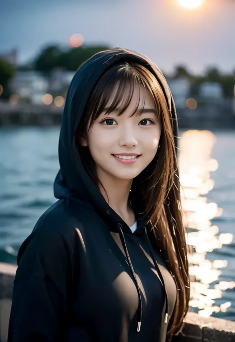 (((evening sea:1.3, outdoor, Photographed from the front))), ((long hair:1.3, black hoodie,japanese woman,Smile, cute)), (clean,...