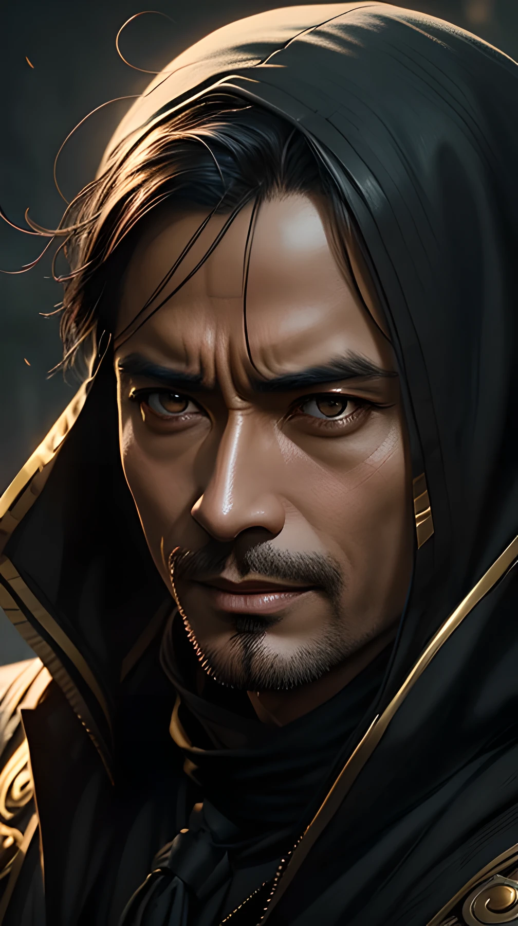 realistic photography Indonesian guy close up portrait, majestic, in like of mark strong, dark mage, made from dark smoke and magic, image by dorss.wlop, arthur rackham, and ismail inceoglu and bagshaw and artgerm, high dynamic, rim light, intricate, gold dust, portrait, beautifully lit, ethereal, bleak, art by guweiz and wlop and ilya kuvshinov and atey ghailan and artgerm and makoto shinkai and studio ghibli,wong-mode3