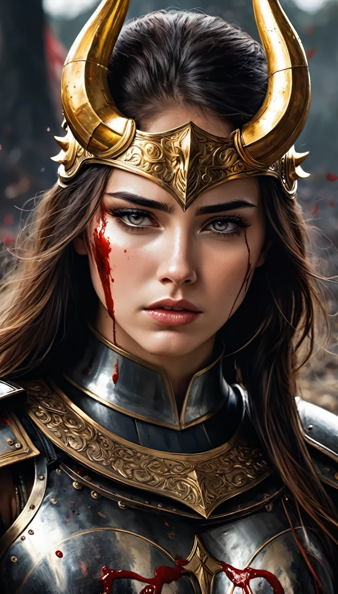 Armand Guillemann style, character conceptual design, half-painted, depicts a female warrior with a golden horned helmet, dressed in black armor, although wounded, (she throws herself on the ground :1.5), her eyes are tearful, but her expression is fierce, and she leans forward slightly, as if standing with her last strength. (Blood drips from between the fingers of her right hand, smearing her armor and palm)) But her expression is one of bitter weeping, clenching her teeth, unwilling to show weakness. Her eyes are the most striking part. Those bright eyes, full of indomitable perseverance, glistened with tears. Her eyes were fixed on the camera as if she were glaring at an unseen enemy, and her haughty head never lowered even in defeat. In the background, splattered blood surrounds the female warrior, forming a tragic and shocking picture. The color of the blood contrasts with the dark color of the armor, highlighting her bravery and indomitability

 