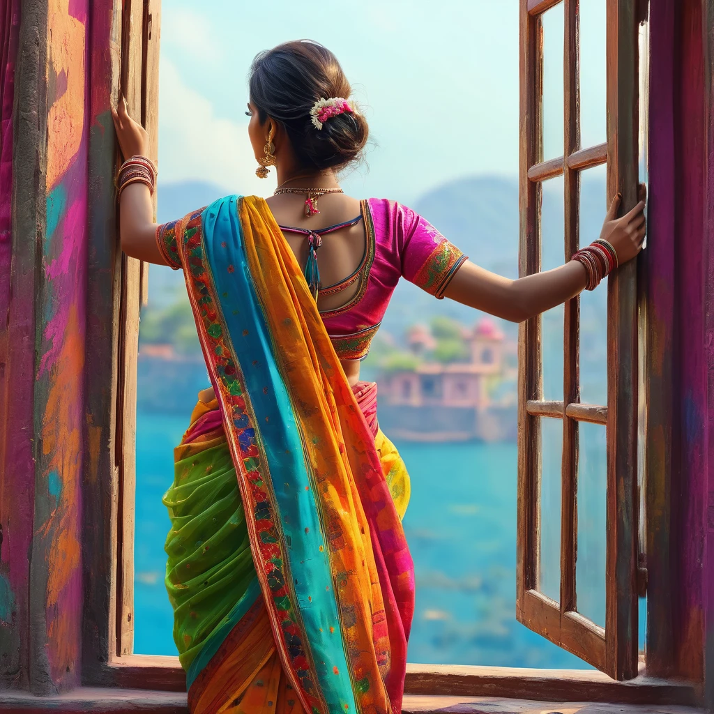 Camera View form outside of window, a woman in a colorful saree throwing multicolored and looking out a traditional window, beautiful art uhd 4 k, 4k highly detailed digital art, beautiful digital artwork, Indian art, detailed painting 4 k, 8k high quality detailed art, painting of beautiful, traditional beauty, colorful hd picure, a beautiful artwork illustration, 4k detailed digital art