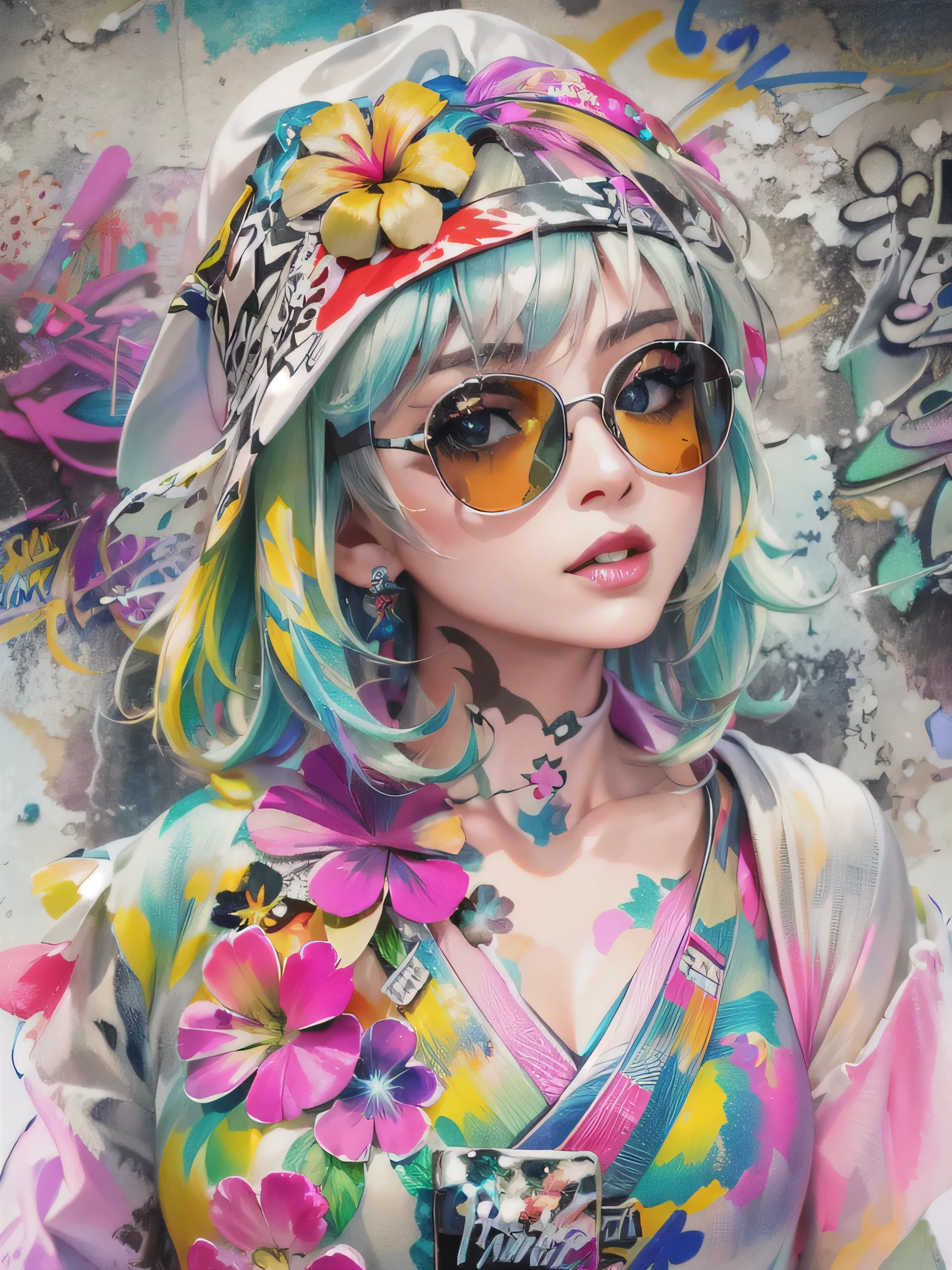 calidad 8K, pintura de acuarela, Diseño elegante, (((La chica hermosa más fuerte de todos los tiempos.))), (((japonés)))、Ídolo、claro, gafas de sol con estilo, Sombreros de moda, (((de la máxima calidad))), pelo bob, Labios enamorados, HDR, ((Detalles detallados)), moda elegante, textura detallada de la ropa, (((arte grafiti))), cabello colorido, ((Obra maestra))、((súper detallado))、(((Flores coloridas)))、