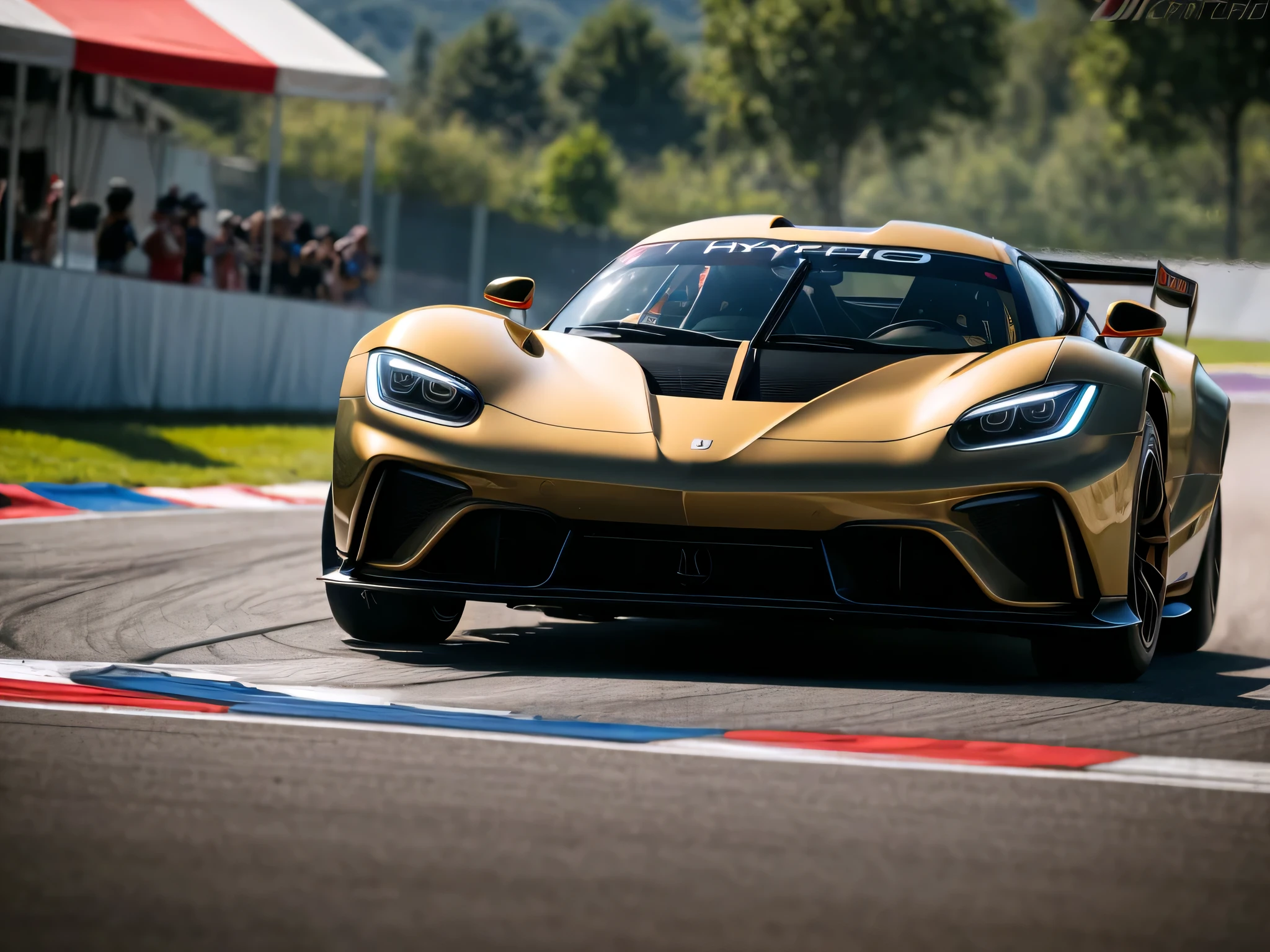 64K, UHD, super detail, best quality, best details, super realistic, photo realistic, 360 view, Ultra-Wide Angle, Wide-Angle, highly detailed race track, (an very attractive girl is standing in front of two detailed hyper cars, counting down to start the race, holding a small flag, lifting it when they pull away to race each other, wheels spinning, hyper car is racing full speed), (camera angle front wheel), ((showcasing the hyper car's power, motion blur, motion lines)), (detailed spinning tires, realistic tire smoke)