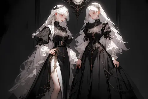 (masterpiece, best quality:1.3), 1 lady, white hair, in the clothes of a nun，short skirt，high slit，black gothic belt，metal fitti...