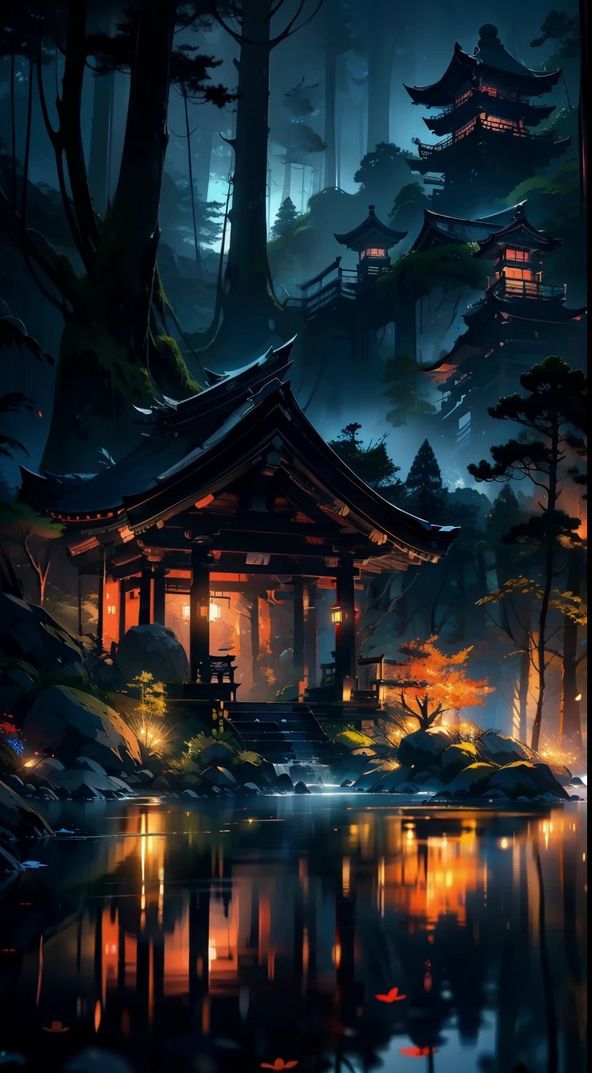 (Stunningly beautiful, serene landscape: 1.2), (High definition novel CG: 1.2), No humans present, Japanese shrine scenic view, Tranquil water surface, Gently rolling fog, Delicate reflections on the water, Vibrant autumn leaves scattered around, Crisp air adding to the natural ambiance, (Masterpiece), Detailed shrine architecture, (High quality), Intricate carvings on temple walls, (Realistic water rendering), (Dramatic lighting), (Fog effects), (Immersive atmosphere), (Nature at its finest)