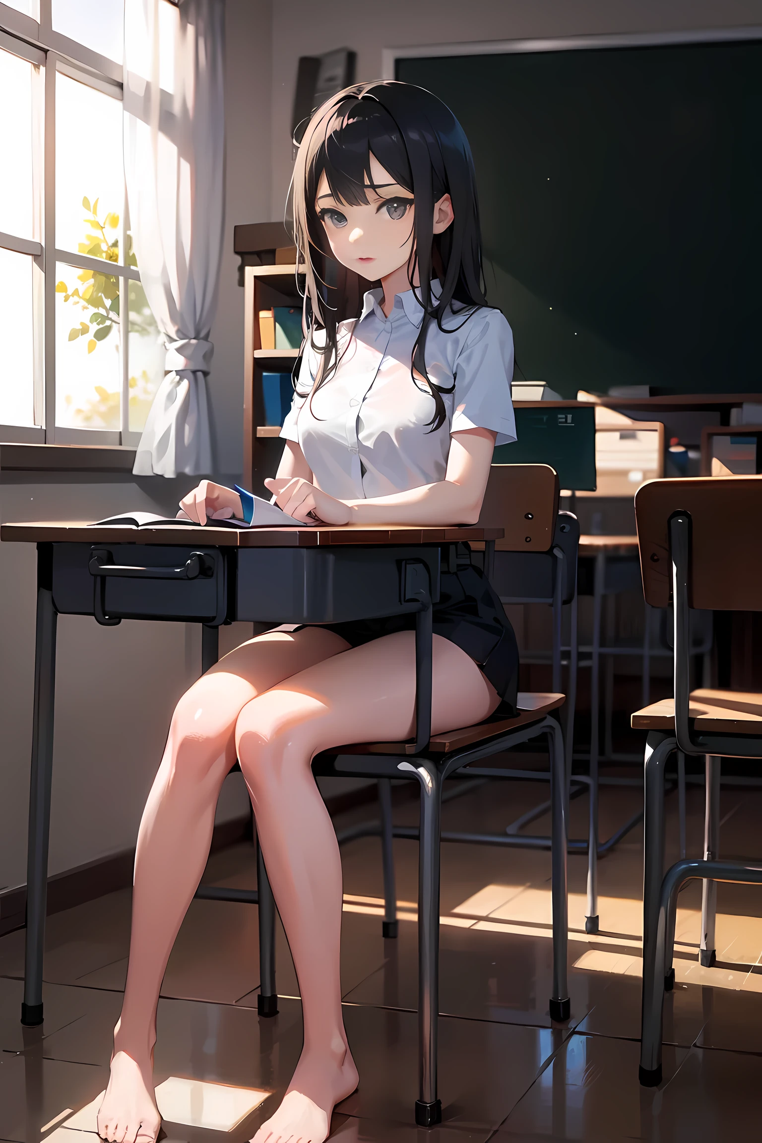 Beautiful teenage girl , sitting on a chair ,classroom