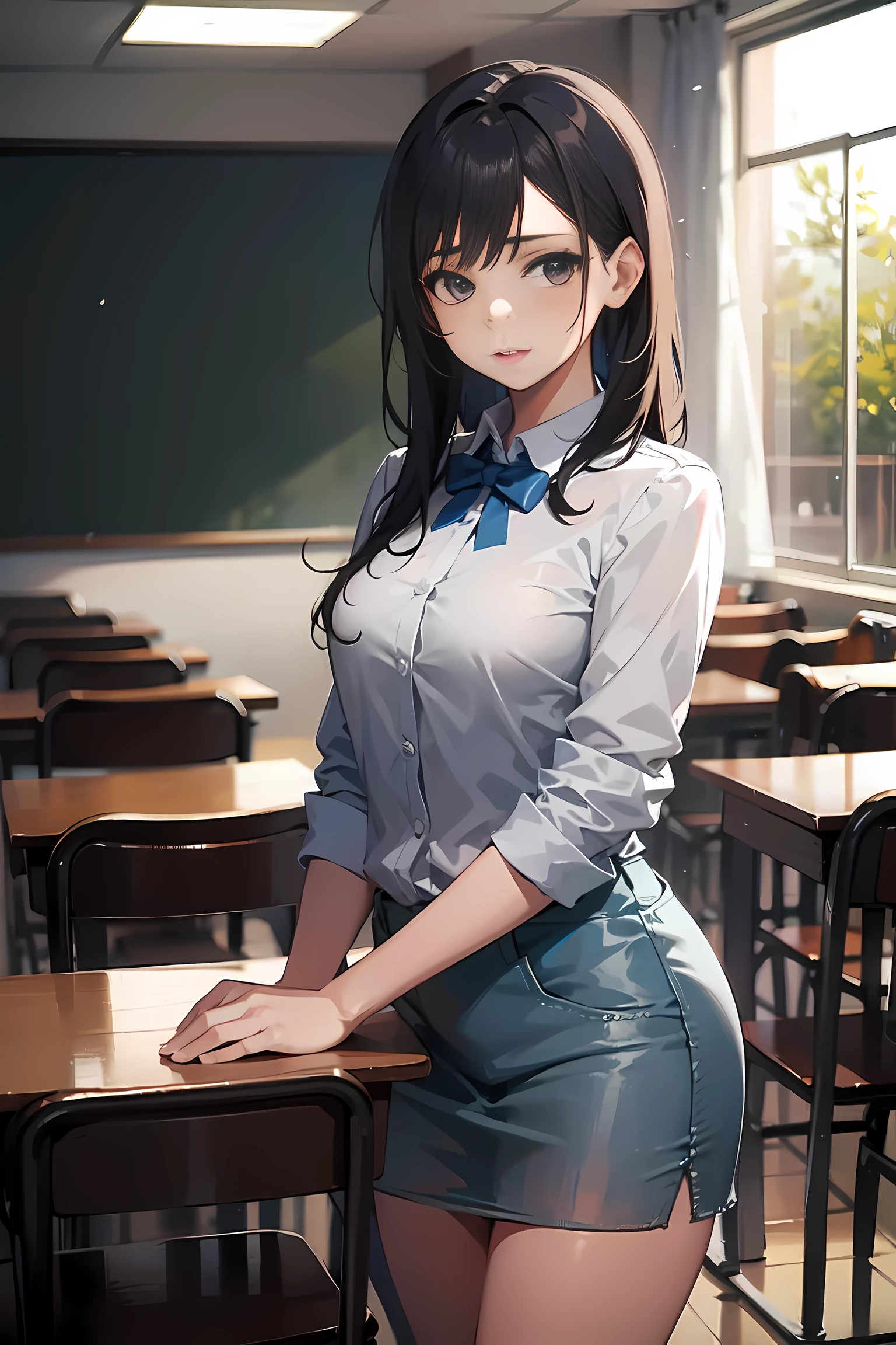 美丽的少女 , 站在教室前面 