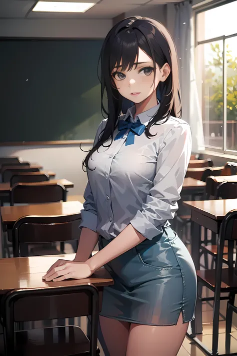 Beautiful teenage girl , standing in front of the class 