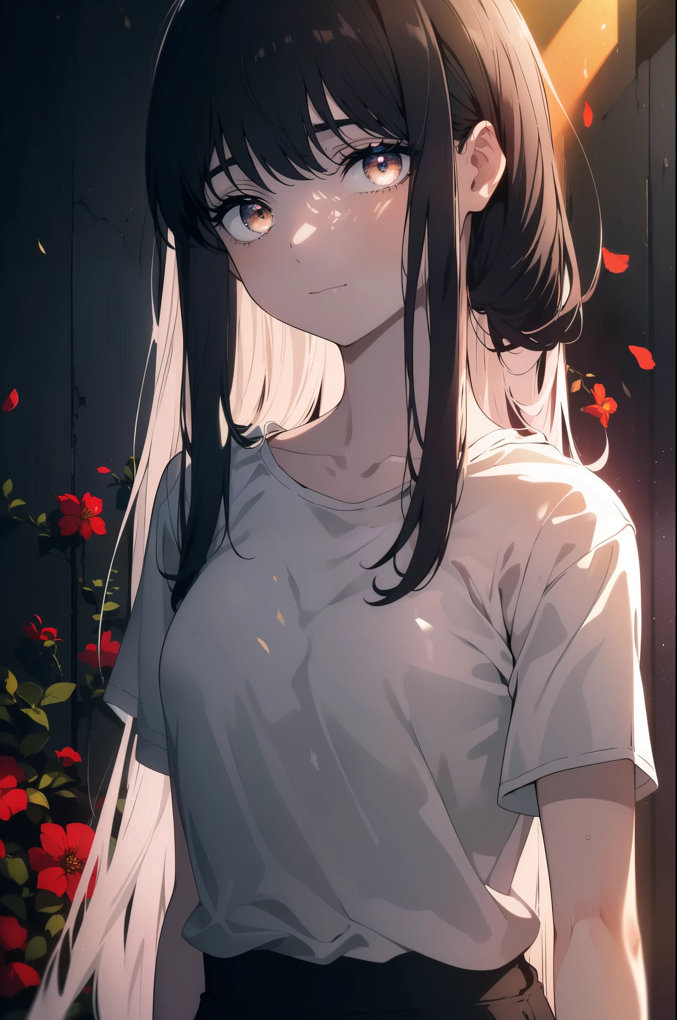 ((((Obra maestra, La mejor calidad, ultrahigh resolution)))), 1girl, standing, ((baggy white t-shirt, loose fitting blue shorts, black hair, dark black hair)), long hair cut, pale skin, ((brown eyes)), glowing_eyes, neon eyes, (ultra detailed eyes:0.7, beautiful and detailed face, detailed eyes:0.9), ((centered)), smile, ((wide shot)), facing viewer, (((vibrant background of outside, flowers, bright lighting, summer, sunlight))), flat chested, looking at viewer, ((perfect hands)), ((head:1, hips, elbows, arms, in view)), ((hands behind back)), empty eyes, beautiful lighting, defined subject, 25 years old, ((cool looking))