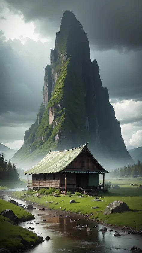 Old hut under green mountain, with river, cloudy weather and heaven rain, dark cloudy, high resolution, 8k, detail object